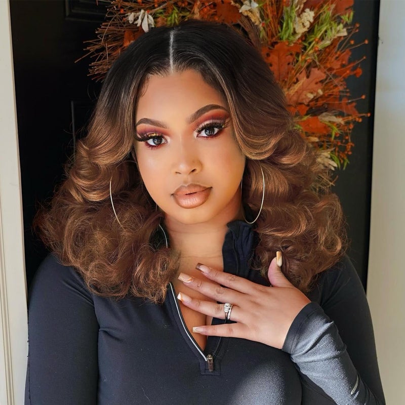 WIGER Short Big Curly Lace Front Wigs Loose Wave Wig Short Wavy Bob Wigs for Black Women Ombre Brown Middle Part Shoulder Length Wig Synthetic Wigs
